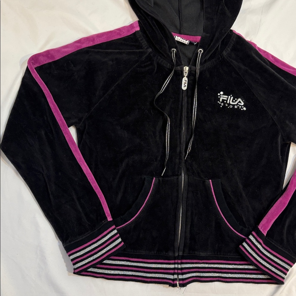 Y2K Velour Full Zip Track Jacket, Metallic Sparkle, Bedazzled Logo, Fila Medium